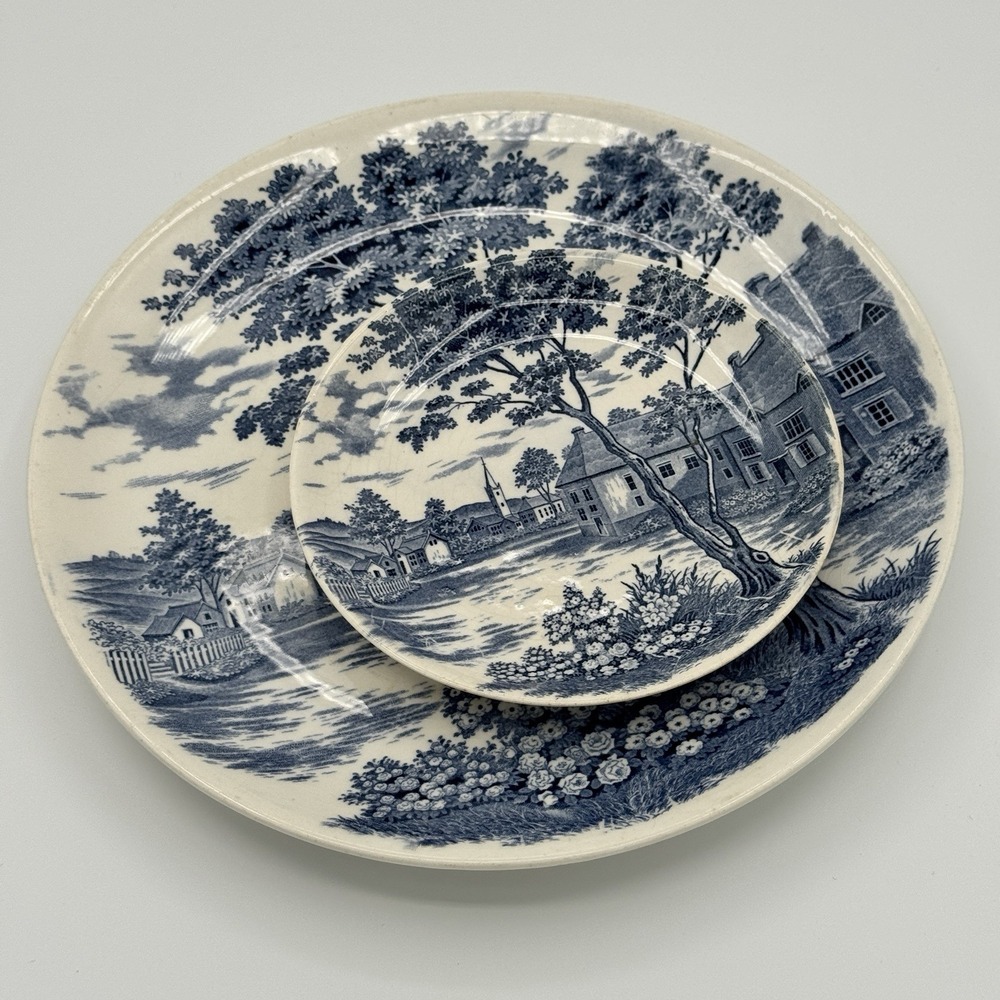 Vintage Holmar English Village Blue 10" Dinner & 6" Side Plate Japan Cottagecore
